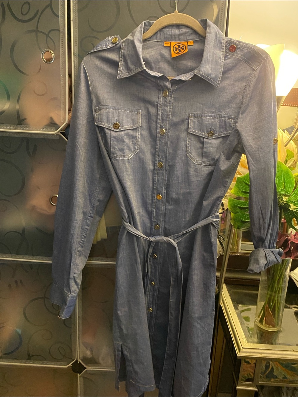 Tory Burch Light Blue Jean Shirt Dress with Waist Tie